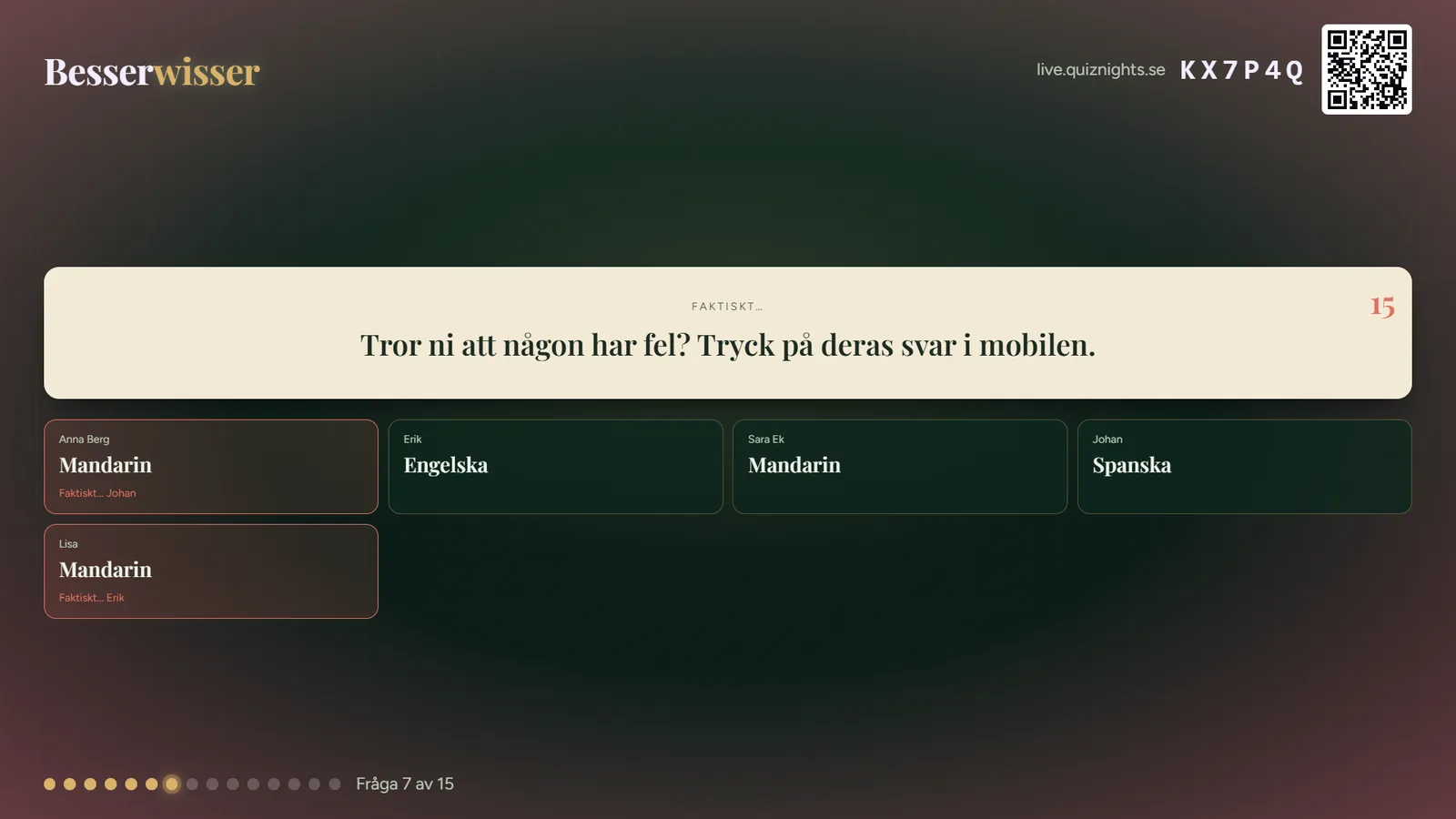 Storbilden i Besserwisser under en spelkväll, med exempeldata