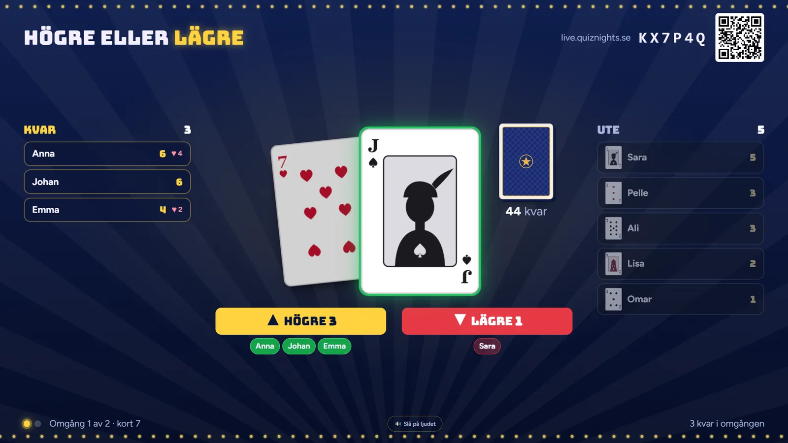 Storbilden i Högre eller lägre under en spelkväll, med exempeldata
